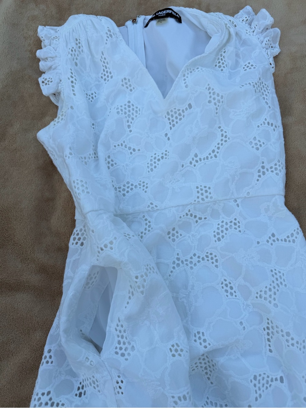 Karl Lagerfeld White Eyelet V-Neck Midi Dress with Ruffle Shoulders Size 8 - Picture 8 of 14